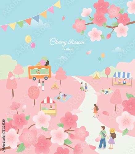 Cherry blossom festival illustration with people and a park with cherry blossoms
