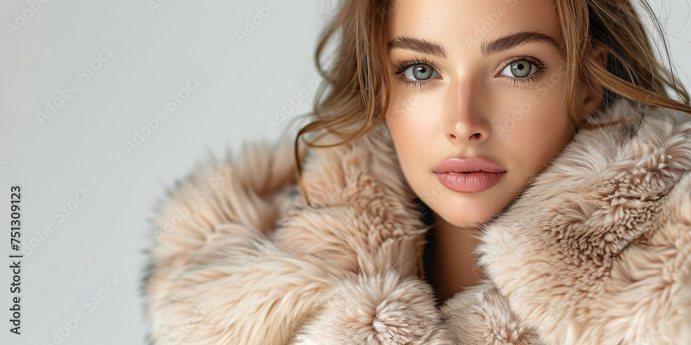 A fashionable young woman in a luxurious fur coat showcases beauty and elegance in a portrait.