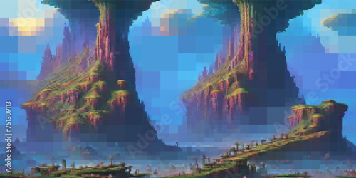 Fantasy mountain landscape. Vector pixelated illustration. Rectangular design.
