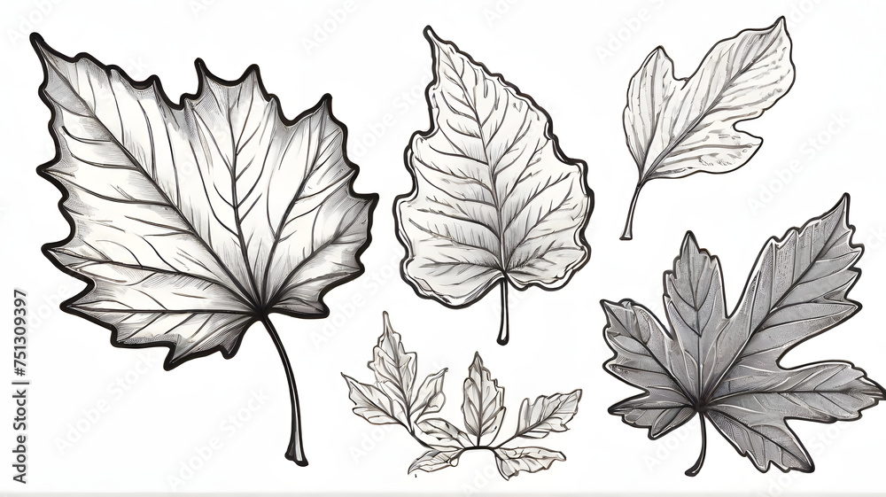 Fototapeta premium Hand drawn and coloring book style autumn leave collection isolated in white background