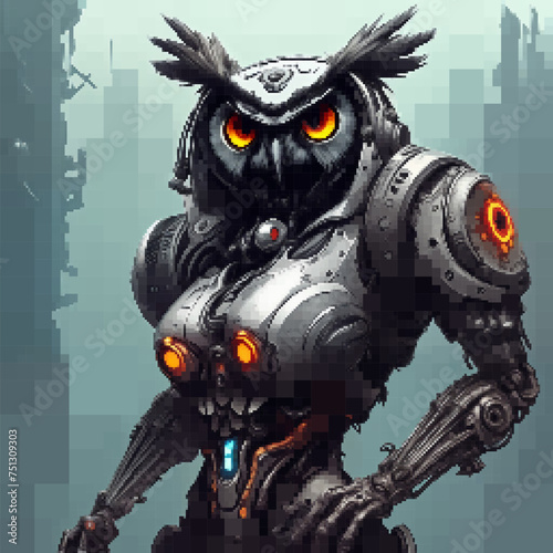 Anthropomorphic Owl cyborg. Vector pixelated illustration. Rectangular design.