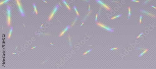 Rainbow refraction overlay, leak flare, prism light effect, rainbow sunlight, holographic rays with transparency. Blurred bokeh retro photo texture, vintage camera glare. Vector background.