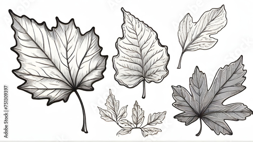 Hand drawn and coloring book style autumn leave collection isolated in white background