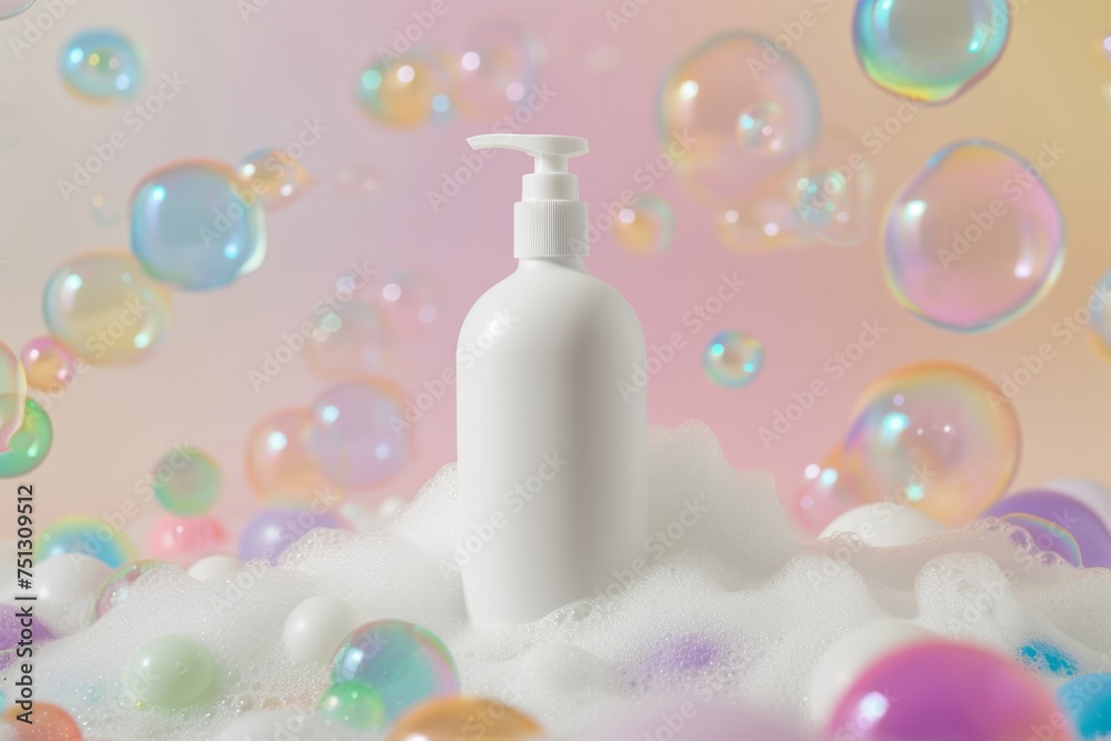 mockup of a white matte bottle with bath foam, standing in bright color soap bubbles. Concept mockup packaging template with copy space, eco cosmetic mockup of a white matte bottle with bath foam, standing in bright color soap bubbles. Concept mockup packaging template with copy space, eco cosmetic