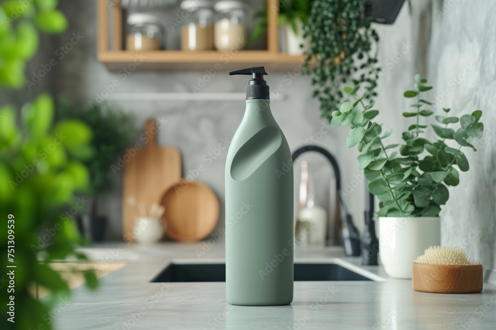 mockup of matte green bottle for dishwashing stands at the kitchen sink, blur modern kitchen interior background. Concept packaging template with copy space, eco cosmetic mockup of matte green bottle for dishwashing stands at the kitchen sink, blur modern kitchen interior background. Concept packaging template with copy space, eco cosmetic