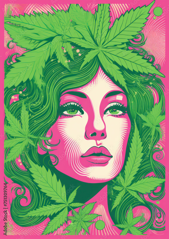 Girl Surrounded by Marijuana Leaves Illustration