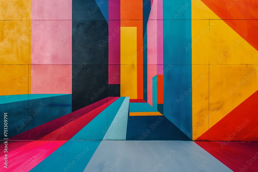 Fototapeta premium Street art. Painted street wall in colourful rectangle shapes. 