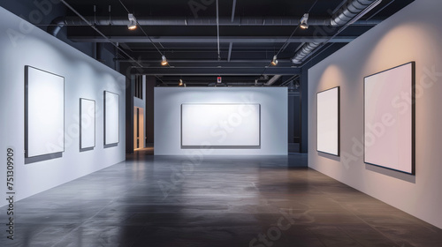 empty room surrounded by white blank canvas on gray walls art with spotligt , mockup canvas, banner © Planetz