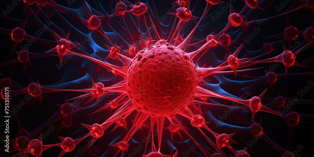 Multiplying viruses, Virus spikes detaching. Red virus. Multiplying viruses, Virus spikes detaching. Red virus.