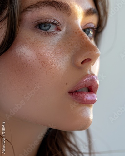 a fashion photoshoot close up for make-up a hyper realistic model demonstrates makeup on her pink lips with a smooth clear contour, makes a kiss, behind a white beauty salon backdrop photo