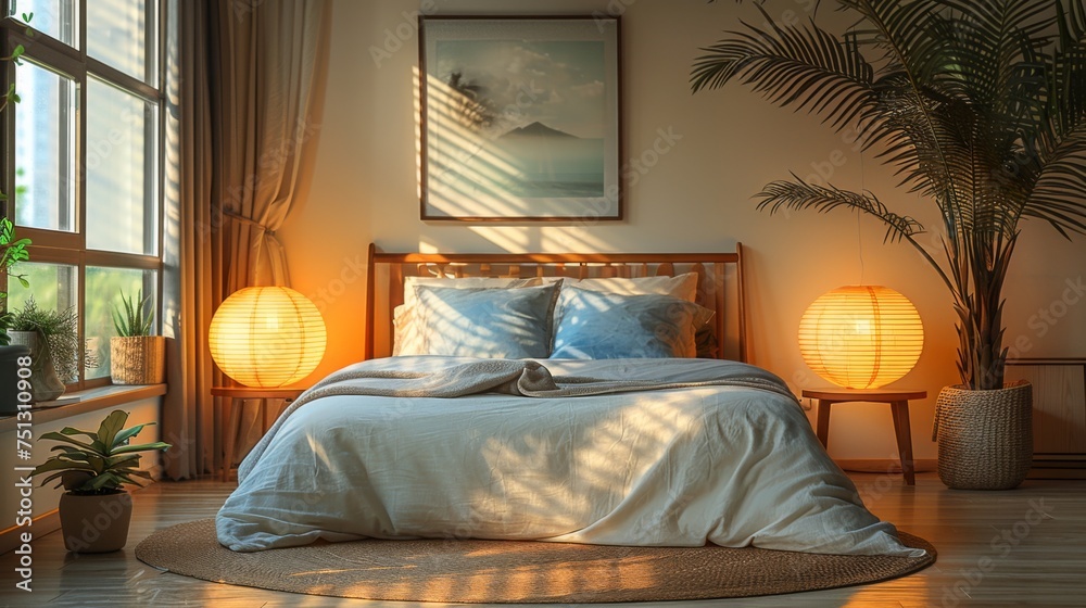 A minimalist bedroom with a warm light lamp located near the bed. A minimalist bedroom with a warm light lamp located near the bed.
