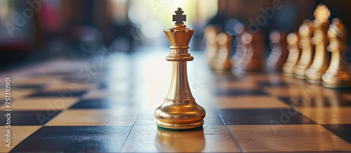 A single golden chess piece stands on a black and white checkered chessboard. The contrast between the colors creates a striking visual impact, emphasizing the strategic nature of the game.