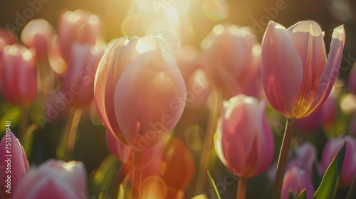 Close up of pink tulips in backlight with sun shining #751310940