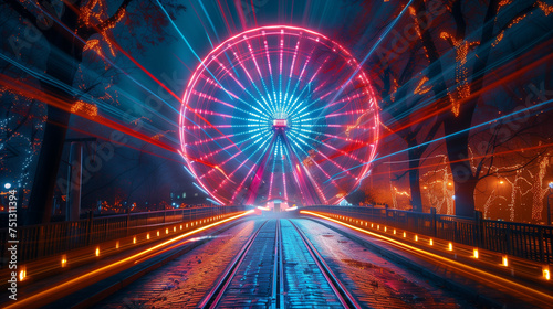 Night's Carousel: A Ferris Wheel's Colorful Light Trails Captured at Night