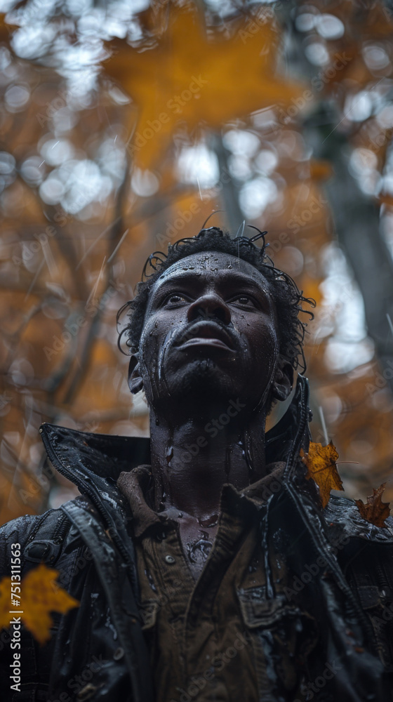 Portrait of an african american man in autumn forest. Portrait of an african american man in autumn forest.