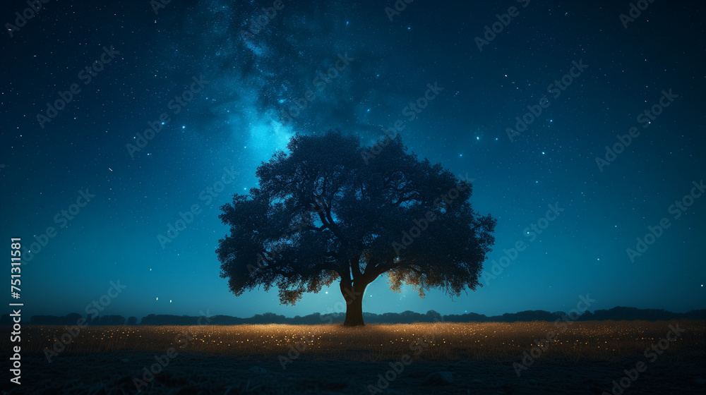 Timeless Night: A Solitary Tree Silhouetted Against a Star-Filled Sky, Capturing the Earth's Whispered Spin