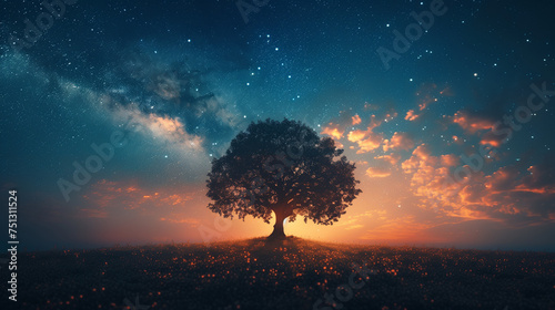 Stellar Solitude: A Lone Tree Stands Against the Cosmos, Earth's Rotation Traced in the Stars' Ethereal Path