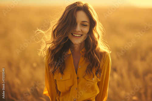 beautiful smiley professional woman posing in yellow blouse with pants,