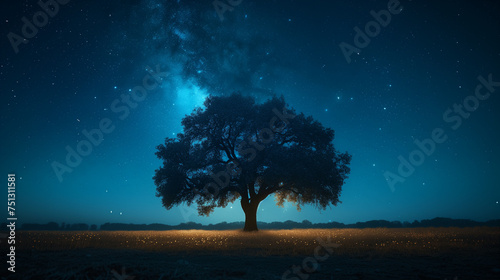 Timeless Night: A Solitary Tree Silhouetted Against a Star-Filled Sky, Capturing the Earth's Whispered Spin
