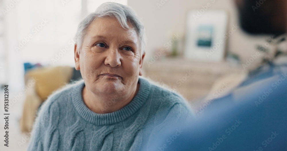 Obraz premium Talking, support and senior woman with nurse for conversation, communication or chat in house. Happy, relax and elderly lady in living room of home and speaking to friend or caregiver for healthcare