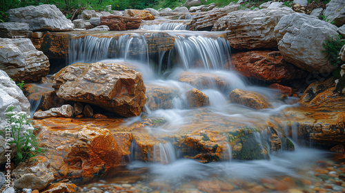 Serene Waterfall's Grace: Capturing Silky Cascades Over Rocks in Twilight