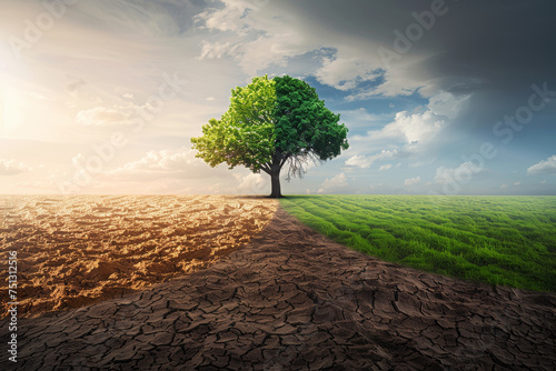 Lone Tree Connecting Arid and Flourishing Terrains. The image shows a tree at the juncture between dry cracked soil and a fresh green field.