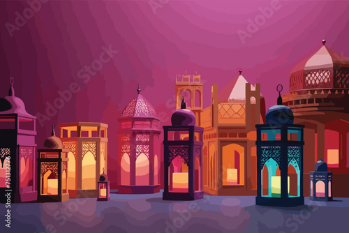 Ramadan Lantern site decoration with text space background. Generative AI