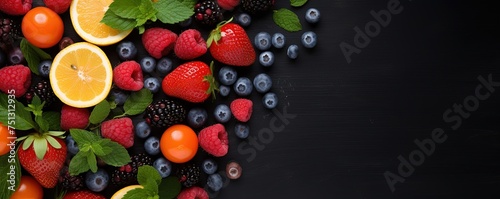 Top view of strawberries  raspberries  blueberries  mint  also oranges and lemons on dark table in the shop