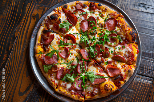 Pizza with salami, mozzarella cheese, tomatoes and herbs