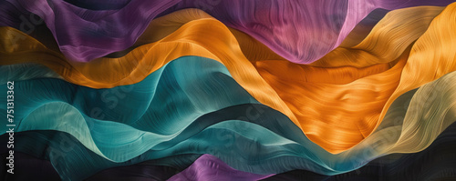 Textured turquoise, orange and purple satin fabric fiber abstract background