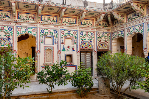historic paintings at a Haweli, an old businessmans house, in Mandawa, India photo