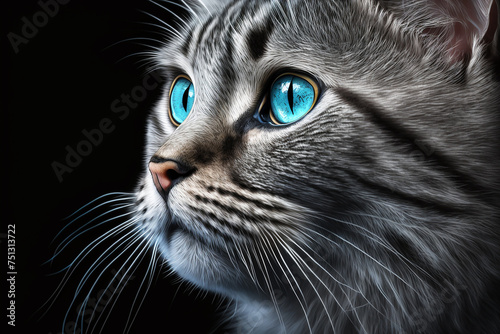 Gray fluffy cat with blue eyes on a black background. Close-up. 