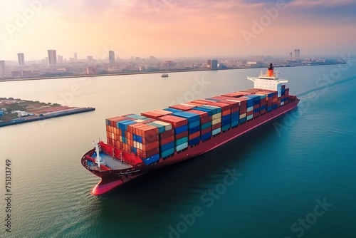 Aerial view of a large, loaded container cargo ship traveling over open ocean