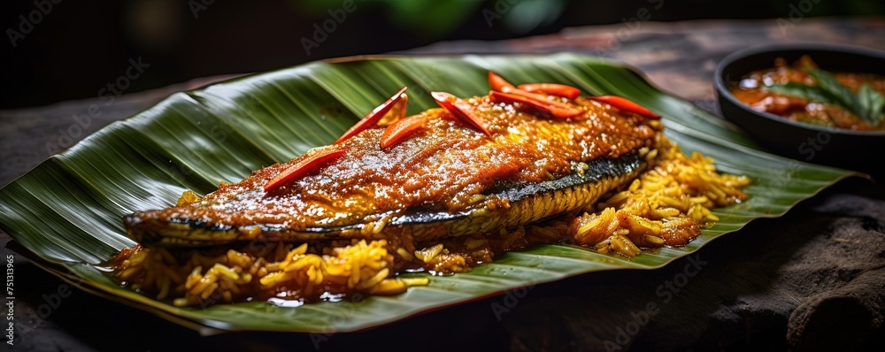 Traditional Indian fish curry made with tapioca and spicy Kerala-style seasoning, served on a banana leaf. Also known as kappa or cassava with sardine masala, this Asian cuisine - obrazy, fototapety, plakaty 