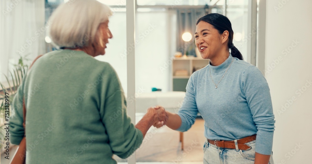 Happy woman, physiotherapist and handshake in elderly care, appointment and meeting at hospital clinic. Female person, medical and healthcare professional shaking hands with senior patient in checkup Happy woman, physiotherapist and handshake in elderly care, appointment and meeting at hospital clinic. Female person, medical and healthcare professional shaking hands with senior patient in checkup