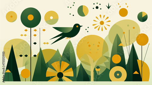 Array of green and yellow abstract geometric forms of birds flowers leaves vector illustration