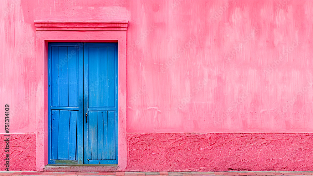 pink wall and blue door