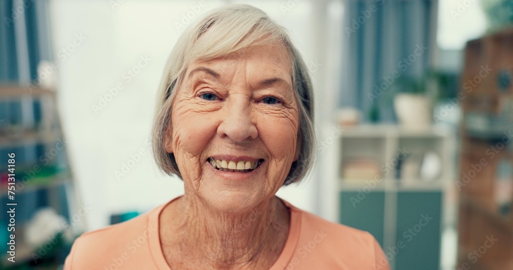 Old woman and portrait with smile at nursing home for retirement with physiotherapy and wellness. Pensioner, face or elderly person with positive mindset with health for peace in apartment for calm Old woman and portrait with smile at nursing home for retirement with physiotherapy and wellness. Pensioner, face or elderly person with positive mindset with health for peace in apartment for calm
