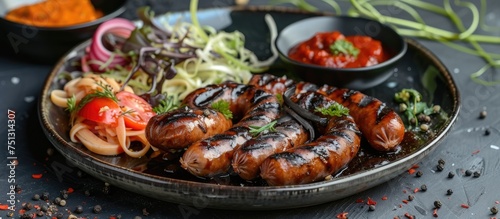 A plate filled with various types of sausages including German, Italian, and garlic, alongside a colorful salad, tomato sauce, mustard, and Squid Ink Fettuccine with chili sauce.