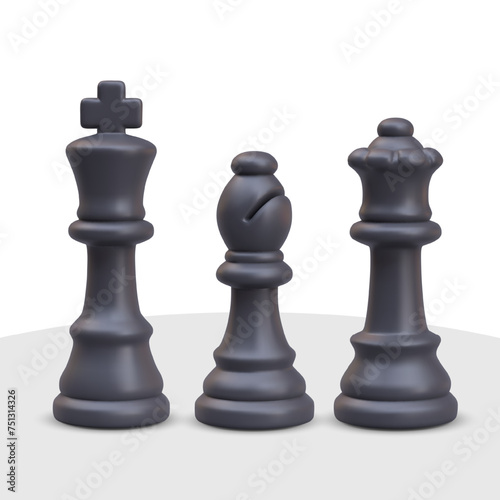 Group of strong chess pieces closeup. 3D black king, queen, bishop