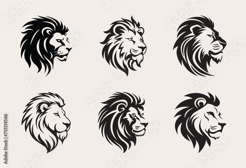 Set of lion head one color vector logo, emblem or icon.