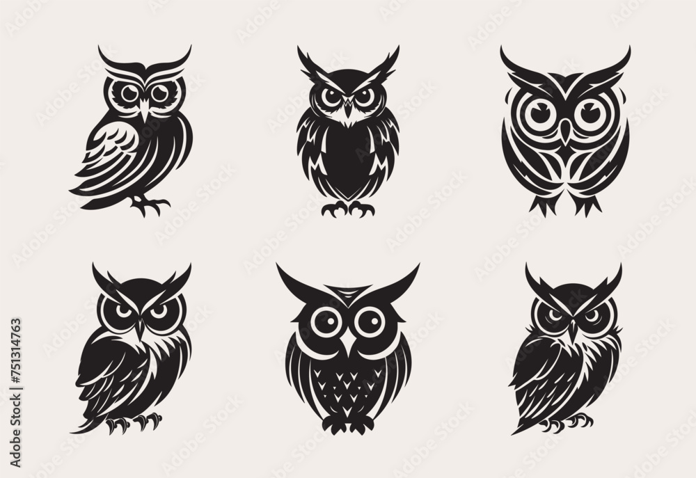 Naklejka premium Set if owl one color vector logo, emblem or icon.