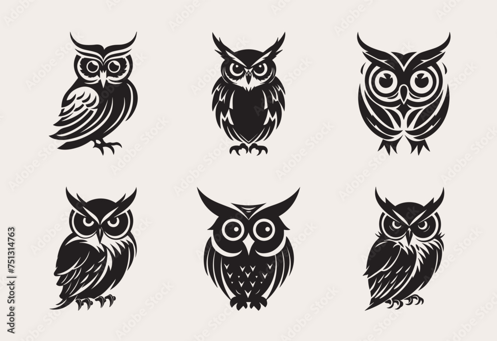 Fototapeta premium Set if owl one color vector logo, emblem or icon.