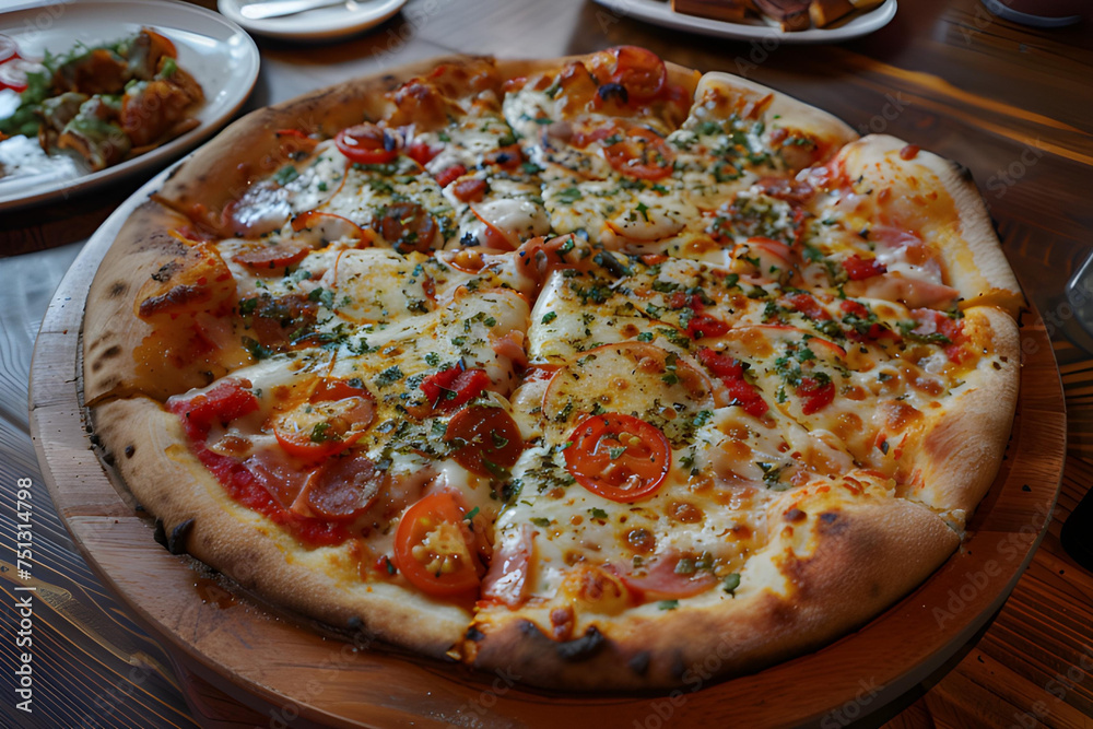 Pizza with salami, mozzarella cheese, tomatoes and herbs