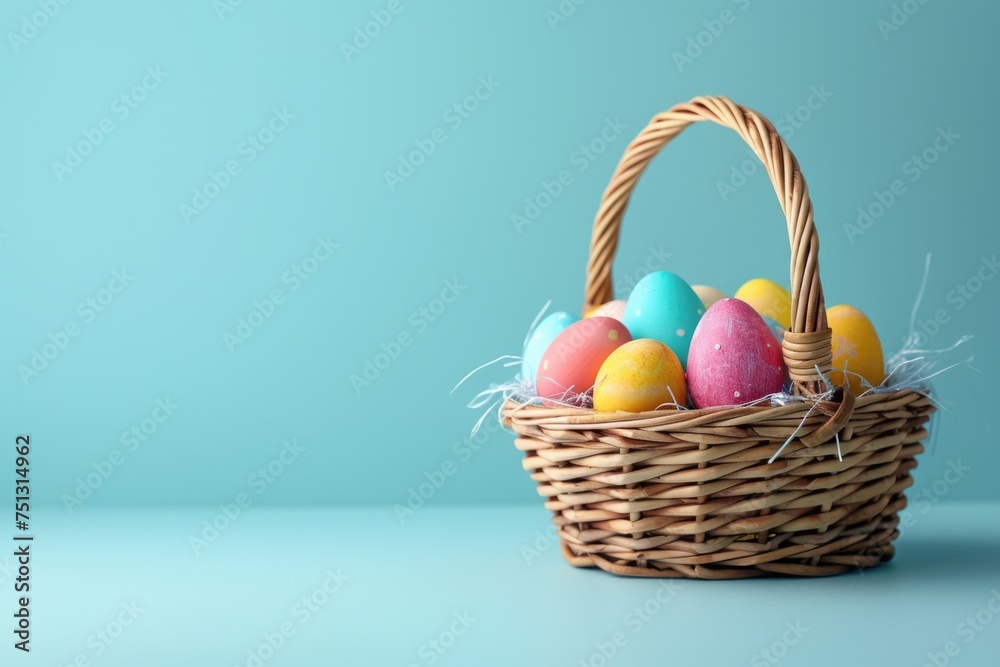 Greet spring's delight with this image: a side view at a woven basket cradling painted eggs, set against a tranquil blue backdrop, offering ample space for your message. Generated AI Greet spring's delight with this image: a side view at a woven basket cradling painted eggs, set against a tranquil blue backdrop, offering ample space for your message. Generated AI