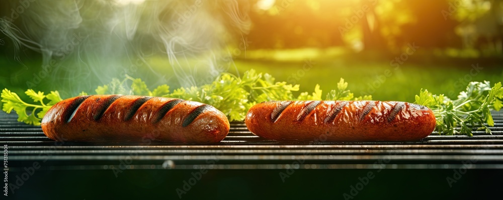 three hotdogs on a grill with a green leafy plant in the backgrouf of the grill in the foreground, and a green lawn in the background. - obrazy, fototapety, plakaty 