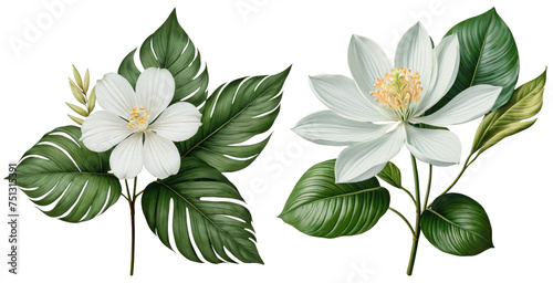 Pastel Joba flower Elegance: Botanical Harmony of Flower and Leaves on a Clean White Canvas – High-Quality PNG Image for Versatile Design Needs photo