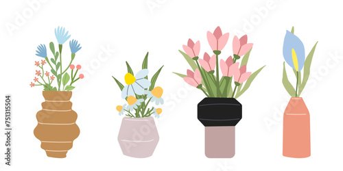 Set of bright spring and summer blooming flowers in vases and bottles isolated on a white background. Cartoon flat vector illustration.