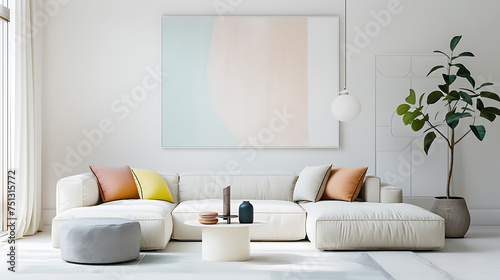 White living room interior with a white sofa, coffee table and a vertical poster.