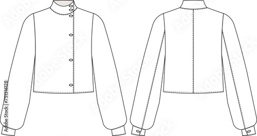 collared butoned balloon long sleeves short jacket outerwear coat template technical drawing flat sketch cad mockup fashion woman design style model
